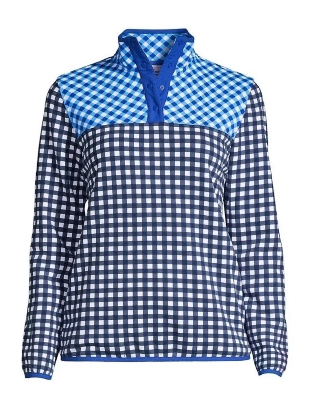 Lands' End x Draper James Gingham Navy & Blue Snap Neck Pullover Sweatshirt Sz L - Picture 1 of 9